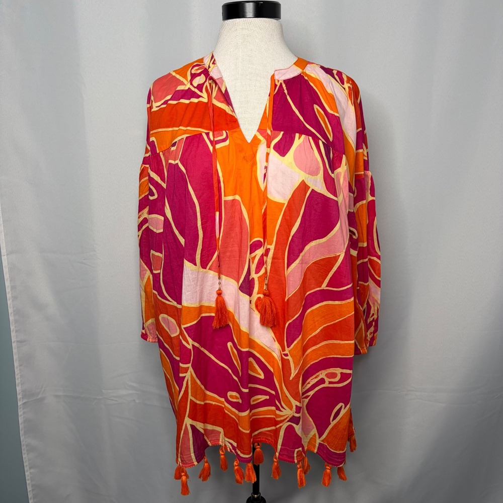 Christian Siriano New York Womens Orange Pink Abstract Cotton Tassel Tunic Top M
